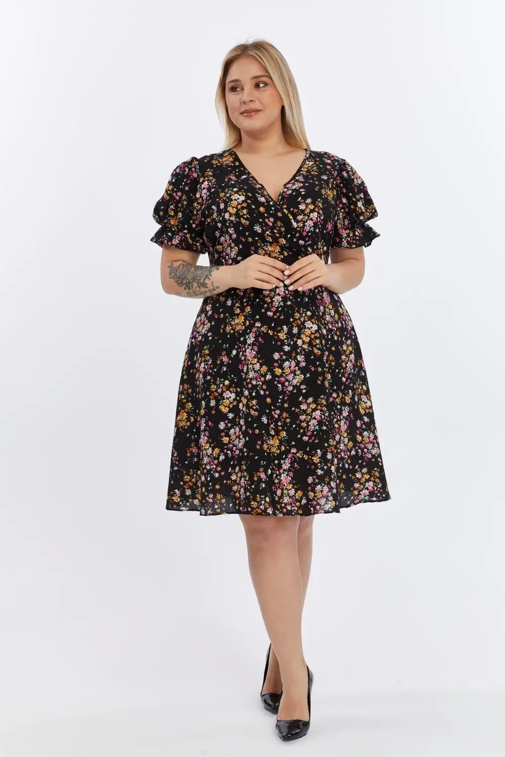 Apsen  Kadın Çiçek Desenli Viskon 4502-105 Dokuma Midi Elbise