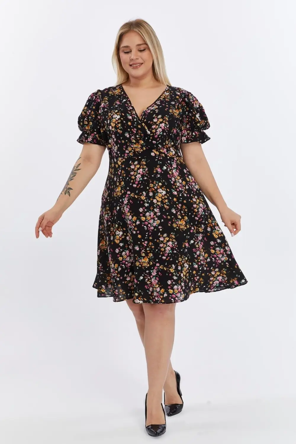 Apsen  Kadın Çiçek Desenli Viskon 4502-105 Dokuma Midi Elbise