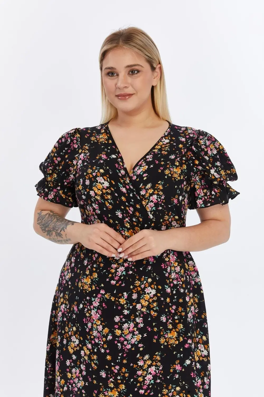 Apsen  Kadın Çiçek Desenli Viskon 4502-105 Dokuma Midi Elbise