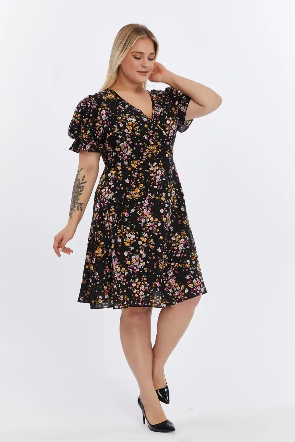 Apsen  Kadın Çiçek Desenli Viskon 4502-105 Dokuma Midi Elbise