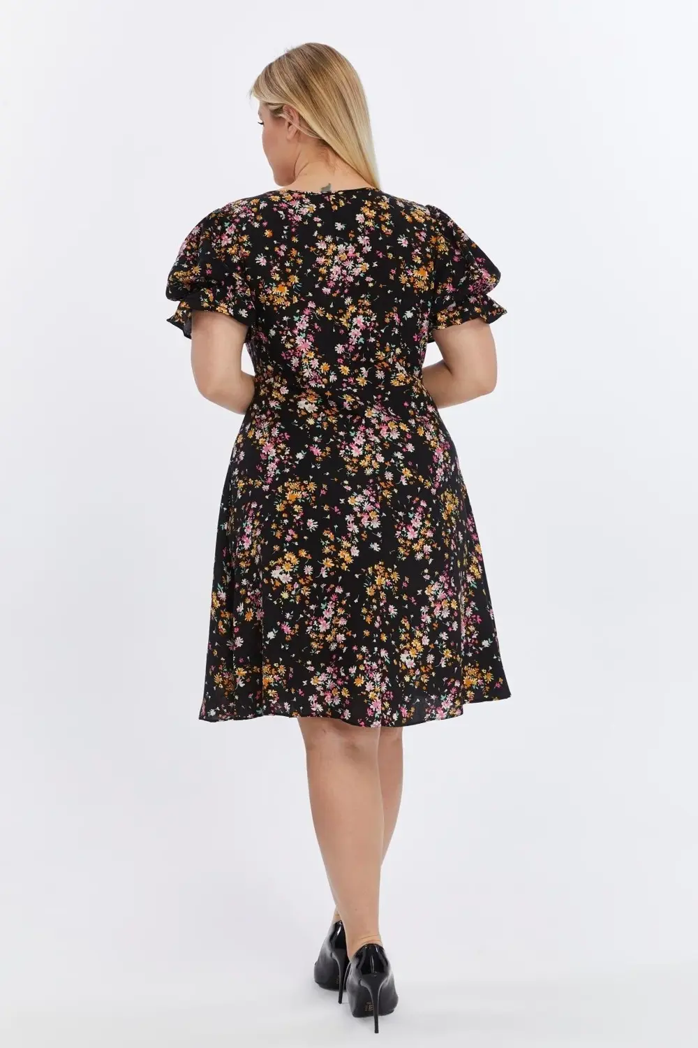 Apsen  Kadın Çiçek Desenli Viskon 4502-105 Dokuma Midi Elbise