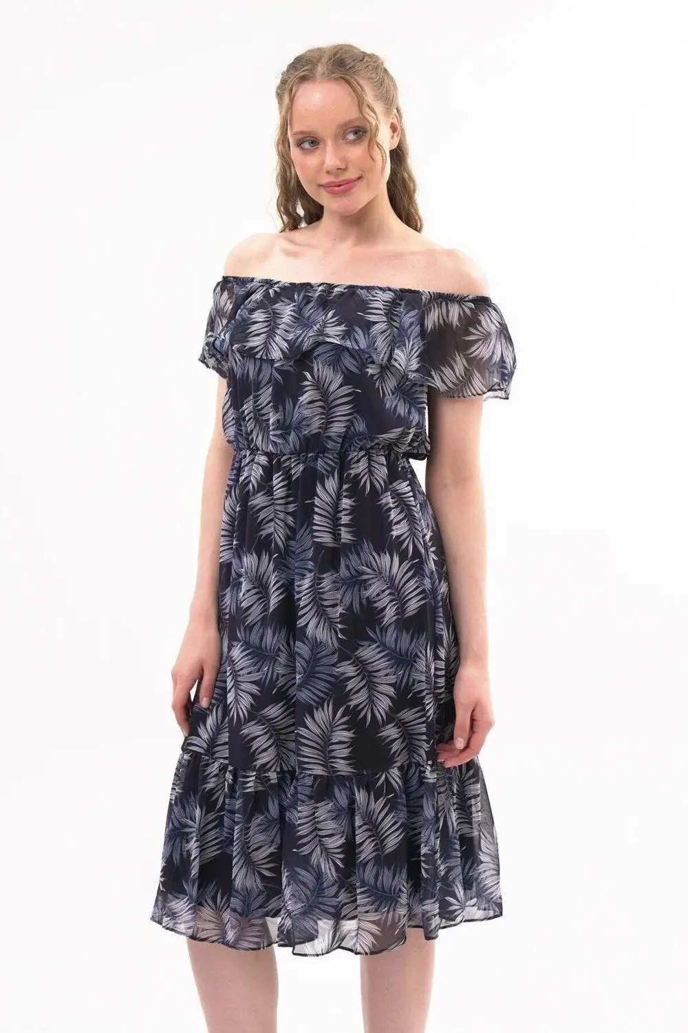 Apsen Kadın Desenli Madonna Yaka Midi Şifon Elbise 4448-115