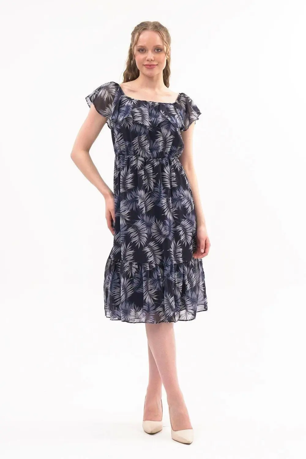 Apsen Kadın Desenli Madonna Yaka Midi Şifon Elbise 4448-115