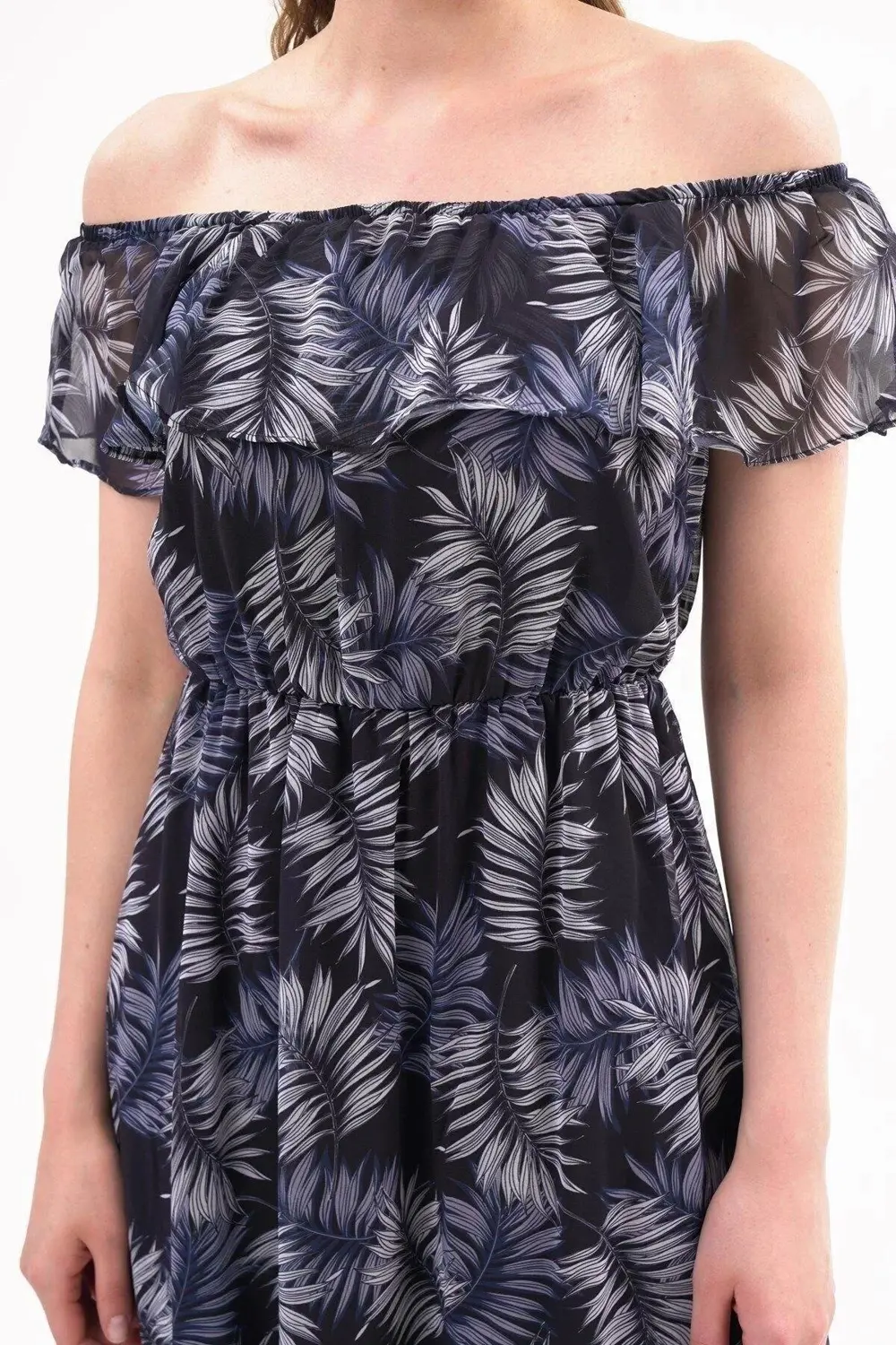 Apsen Kadın Desenli Madonna Yaka Midi Şifon Elbise 4448-115