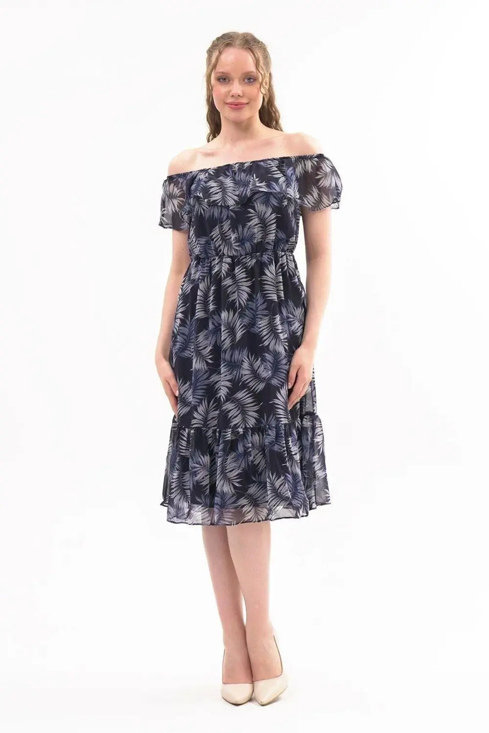 Apsen Kadın Desenli Madonna Yaka Midi Şifon Elbise 4448-115