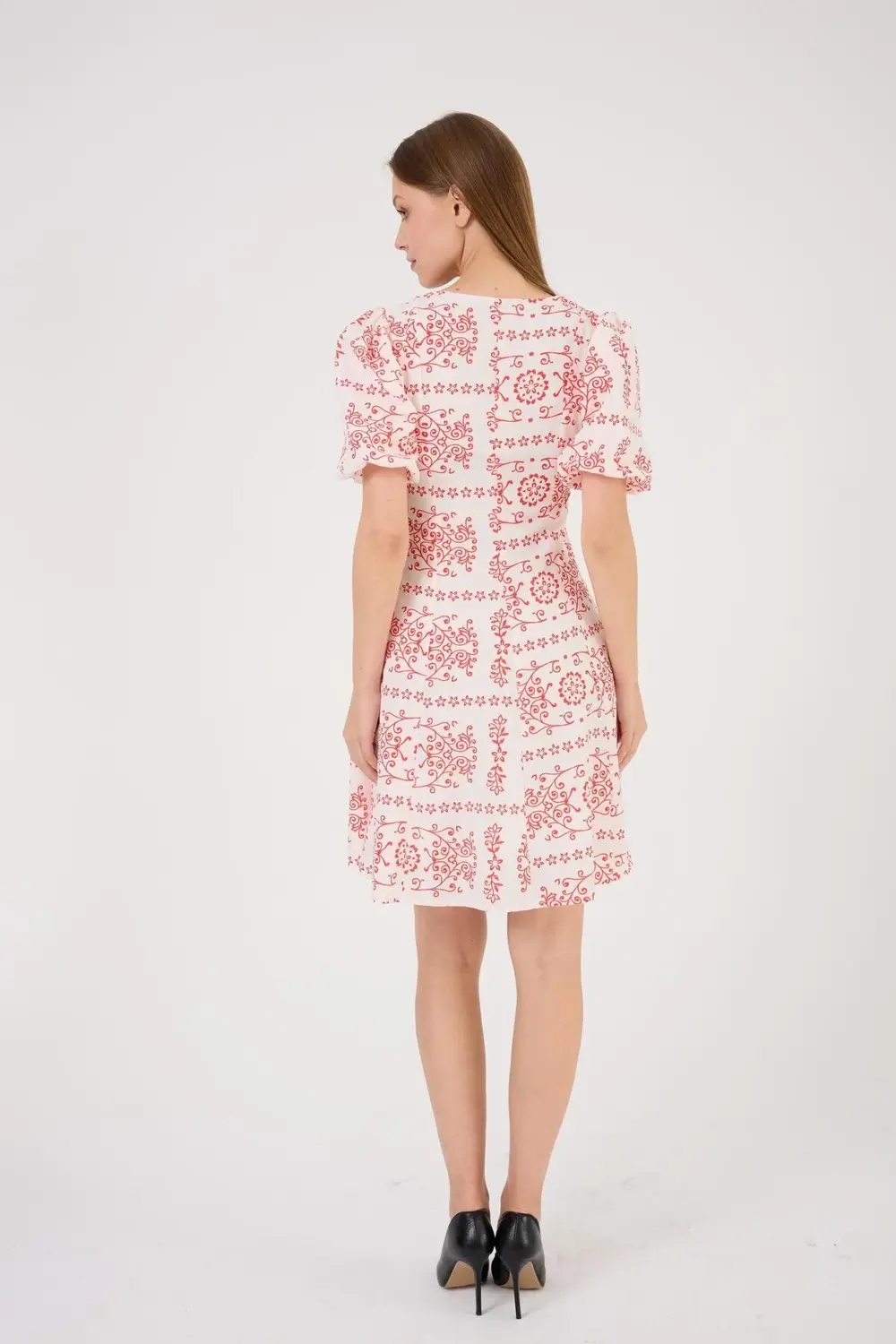 Apsen Kadın Dokuma Kumaş Balon Kol Midi Boy Yazlık Kırmızı Elbise