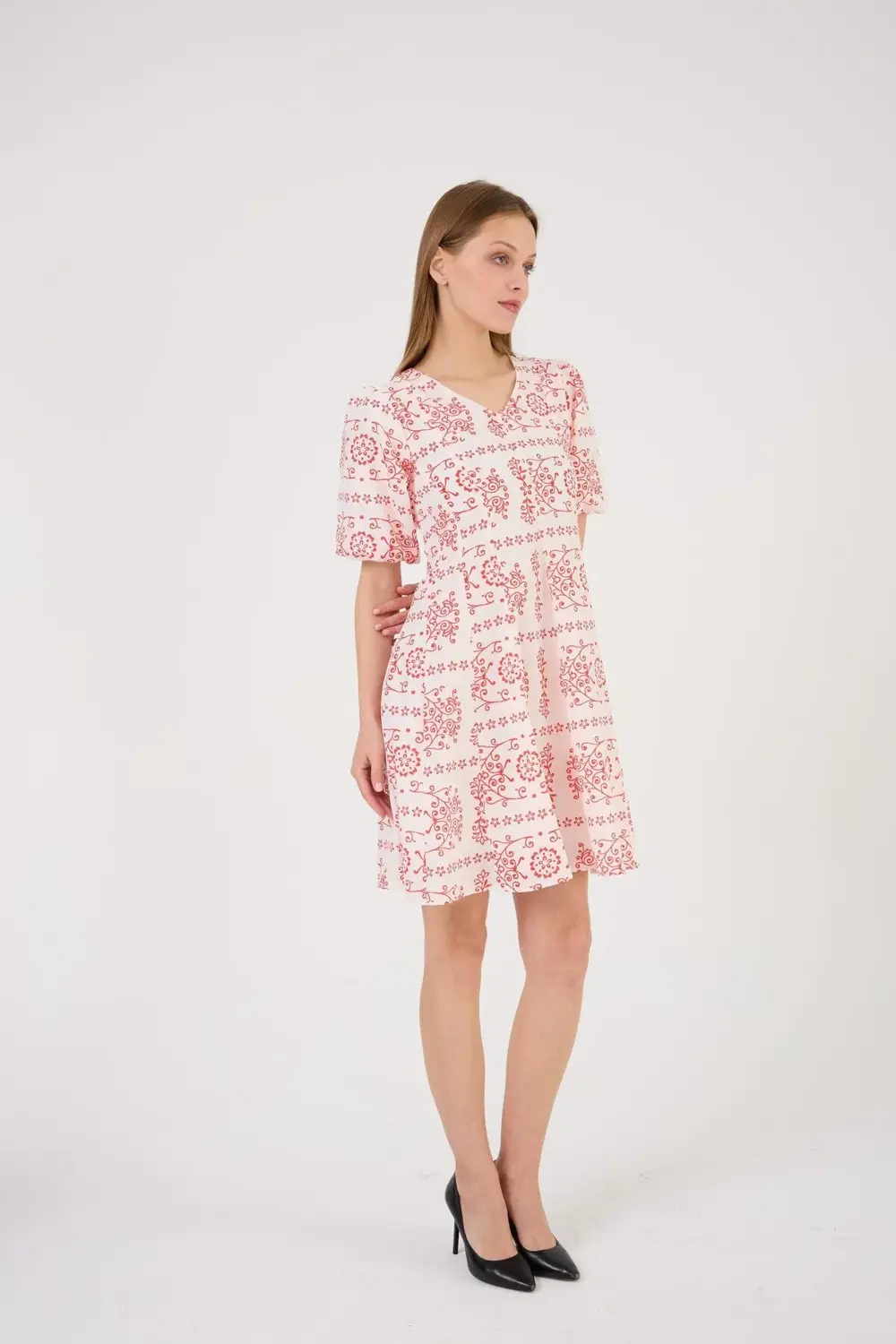 Apsen Kadın Dokuma Kumaş Balon Kol Midi Boy Yazlık Kırmızı Elbise