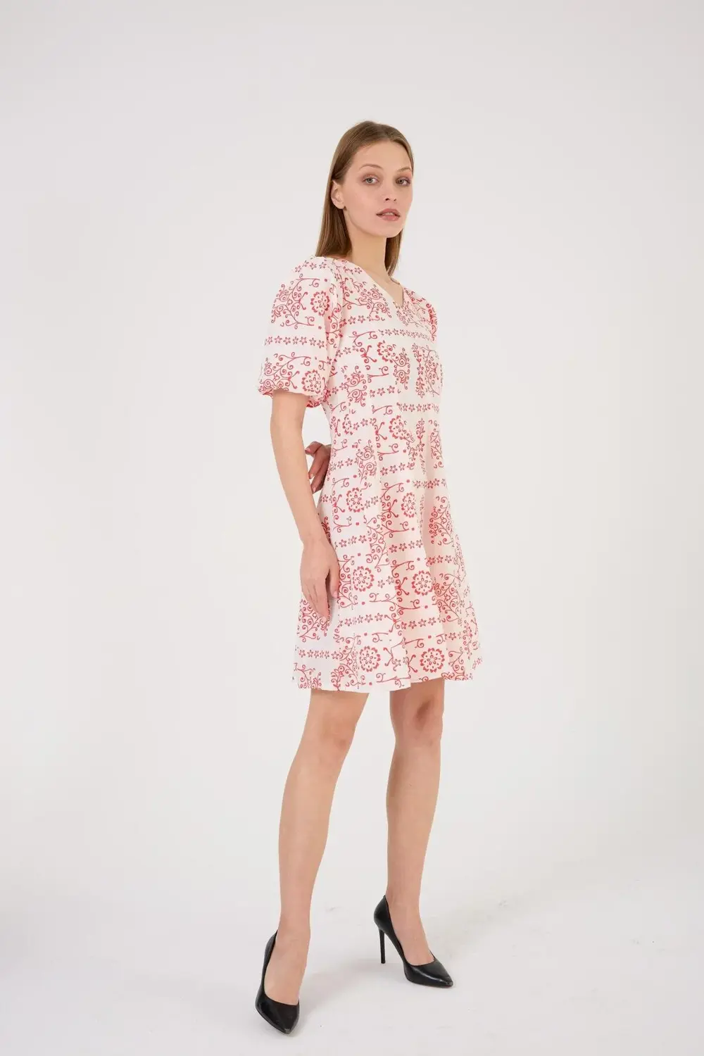 Apsen Kadın Dokuma Kumaş Balon Kol Midi Boy Yazlık Kırmızı Elbise