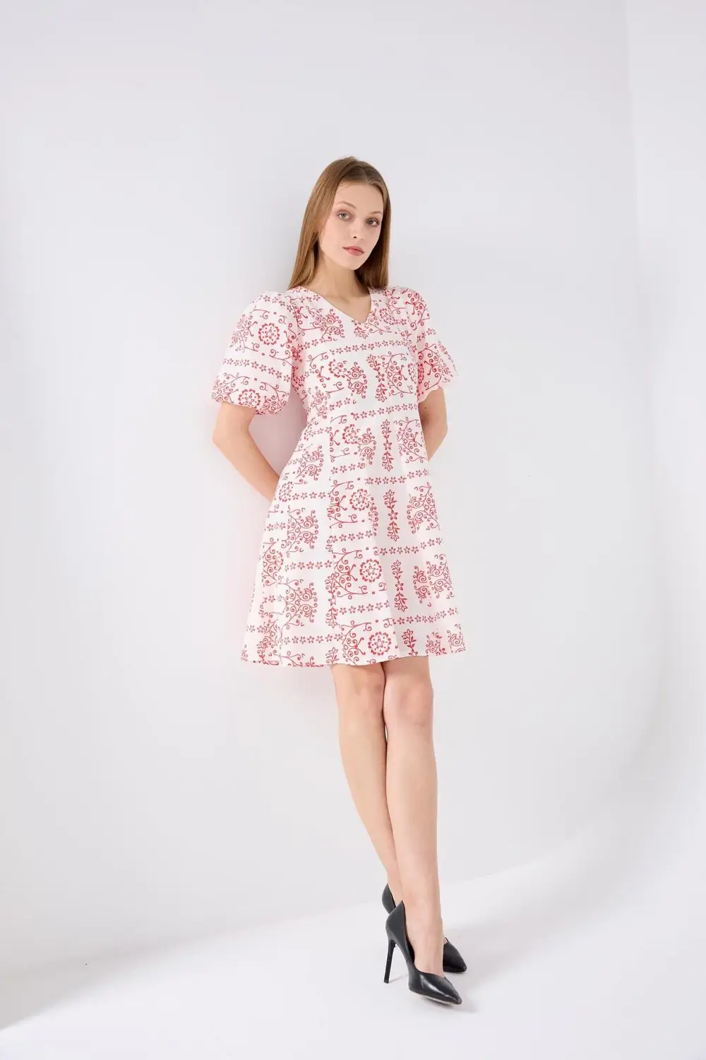 Apsen Kadın Dokuma Kumaş Balon Kol Midi Boy Yazlık Kırmızı Elbise