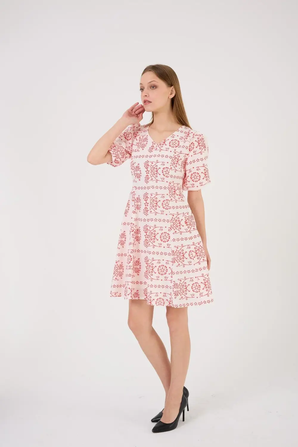 Apsen Kadın Dokuma Kumaş Balon Kol Midi Boy Yazlık Kırmızı Elbise