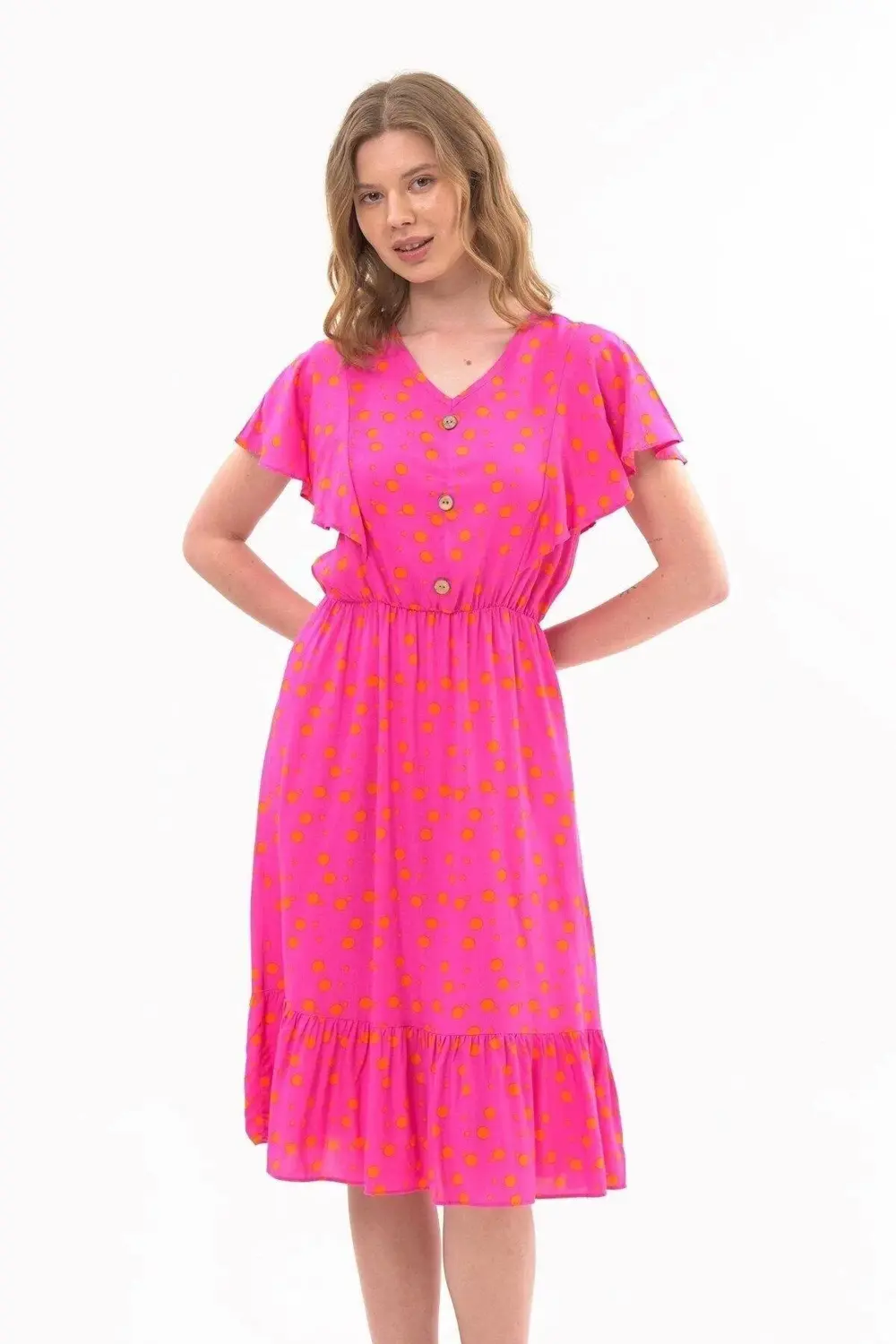 Apsen Kadın Eelbise Fuşya Düğmeli Volan Detaylı Yazlık Midi Elbis