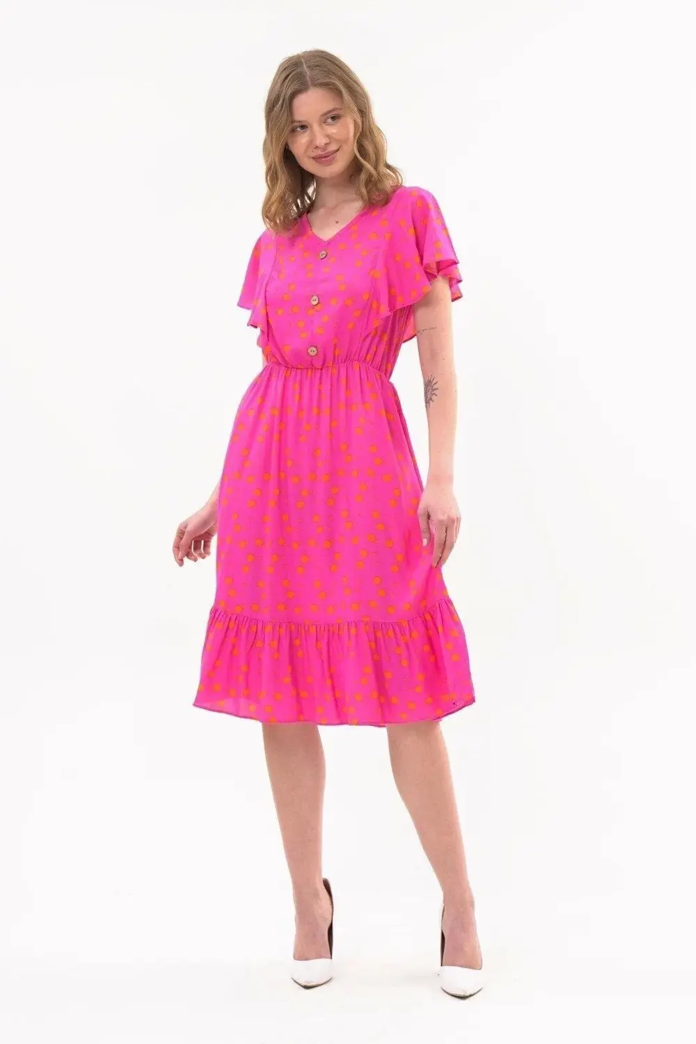 Apsen Kadın Eelbise Fuşya Düğmeli Volan Detaylı Yazlık Midi Elbis
