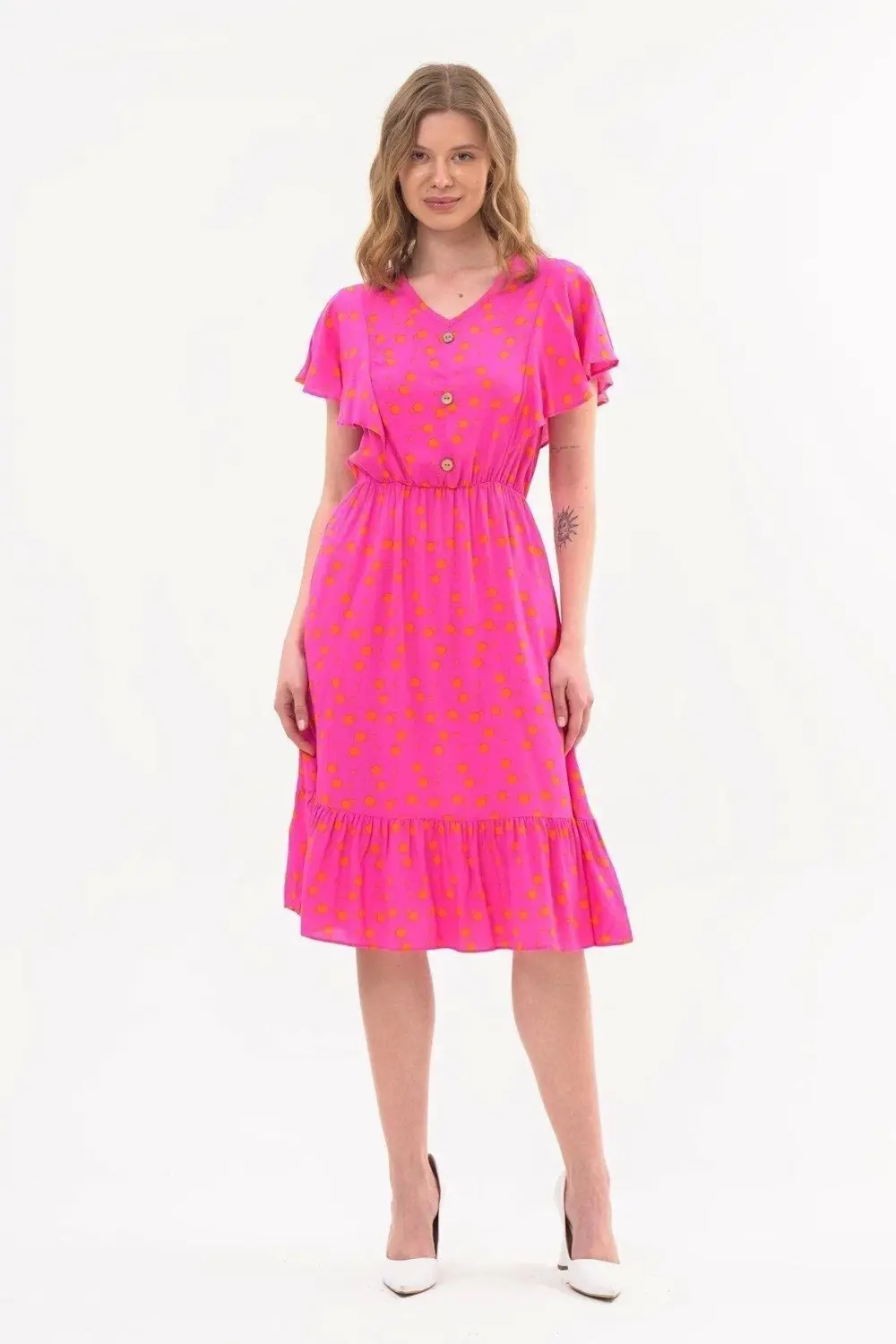 Apsen Kadın Eelbise Fuşya Düğmeli Volan Detaylı Yazlık Midi Elbis