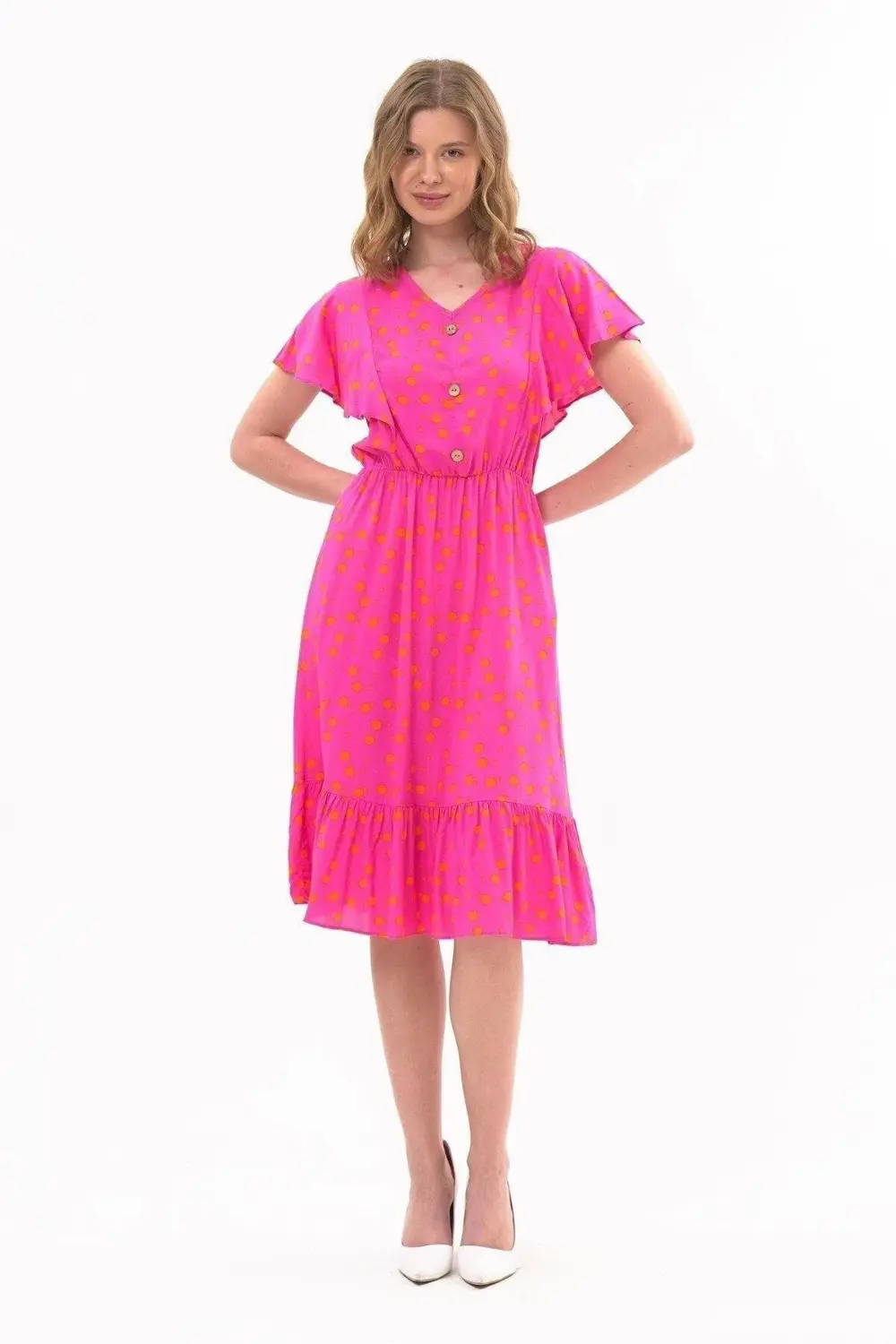 Apsen Kadın Eelbise Fuşya Düğmeli Volan Detaylı Yazlık Midi Elbis