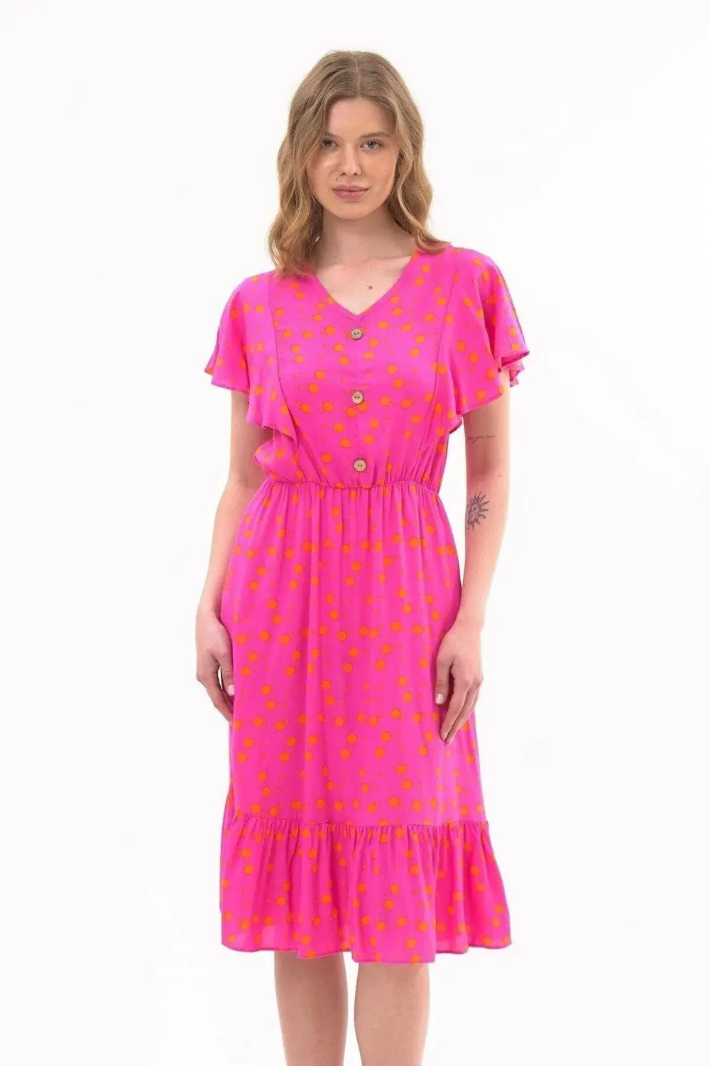 Apsen Kadın Eelbise Fuşya Düğmeli Volan Detaylı Yazlık Midi Elbis