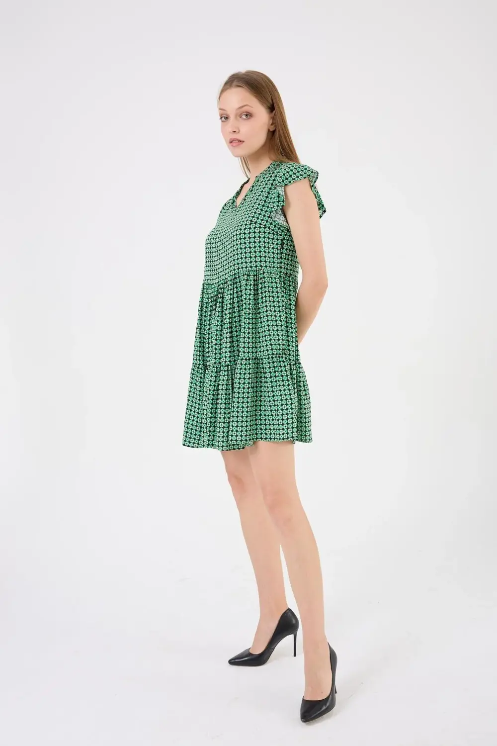 Apsen Kadın Emprime Viscon V Yaka Melek Kol Eteği Volan Detaylı K