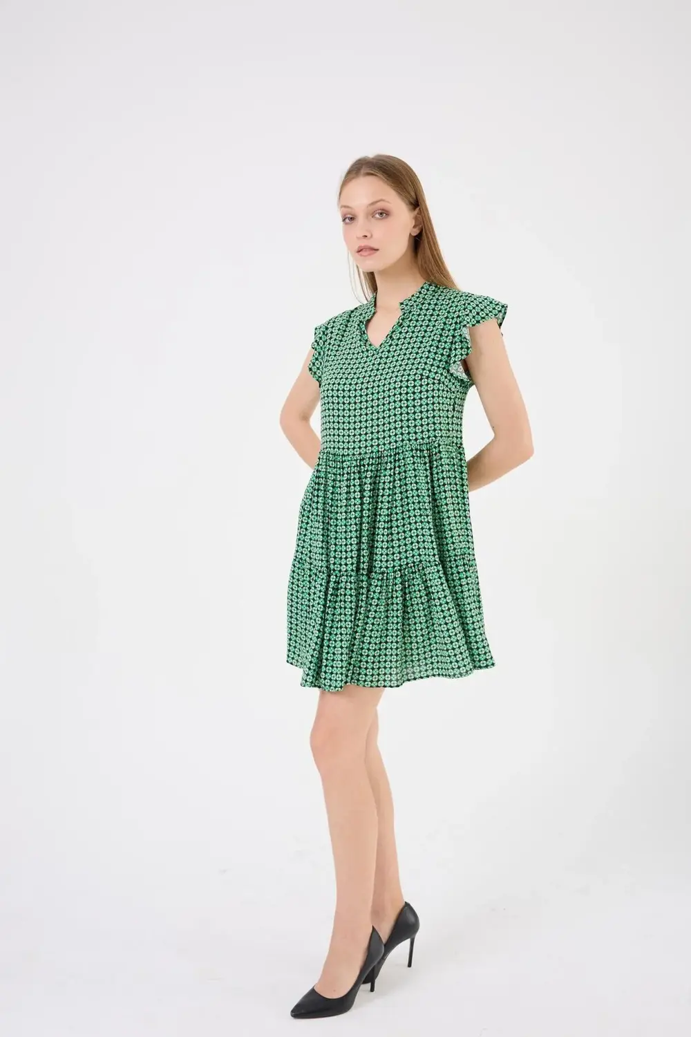 Apsen Kadın Emprime Viscon V Yaka Melek Kol Eteği Volan Detaylı K