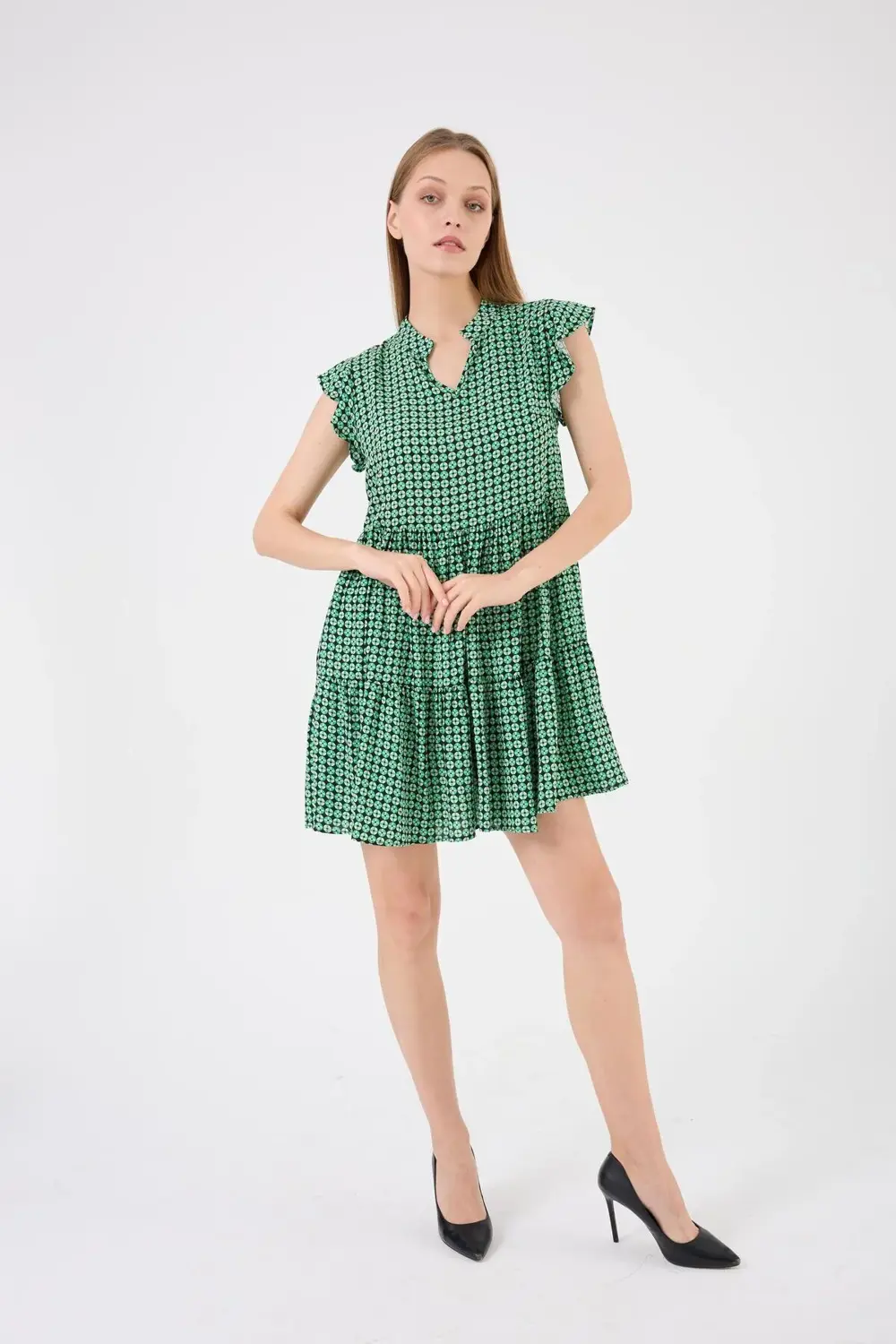 Apsen Kadın Emprime Viscon V Yaka Melek Kol Eteği Volan Detaylı K