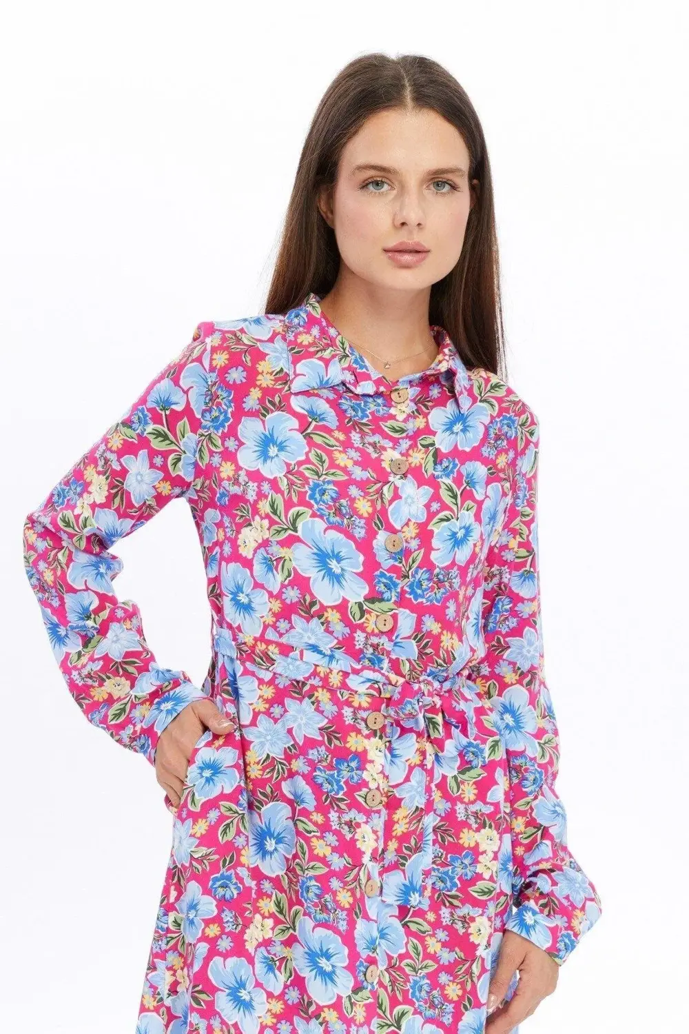 Apsen Kadın Fuşya Çiçek desenli Önden Düğmeli Viscon Elbise 4426-