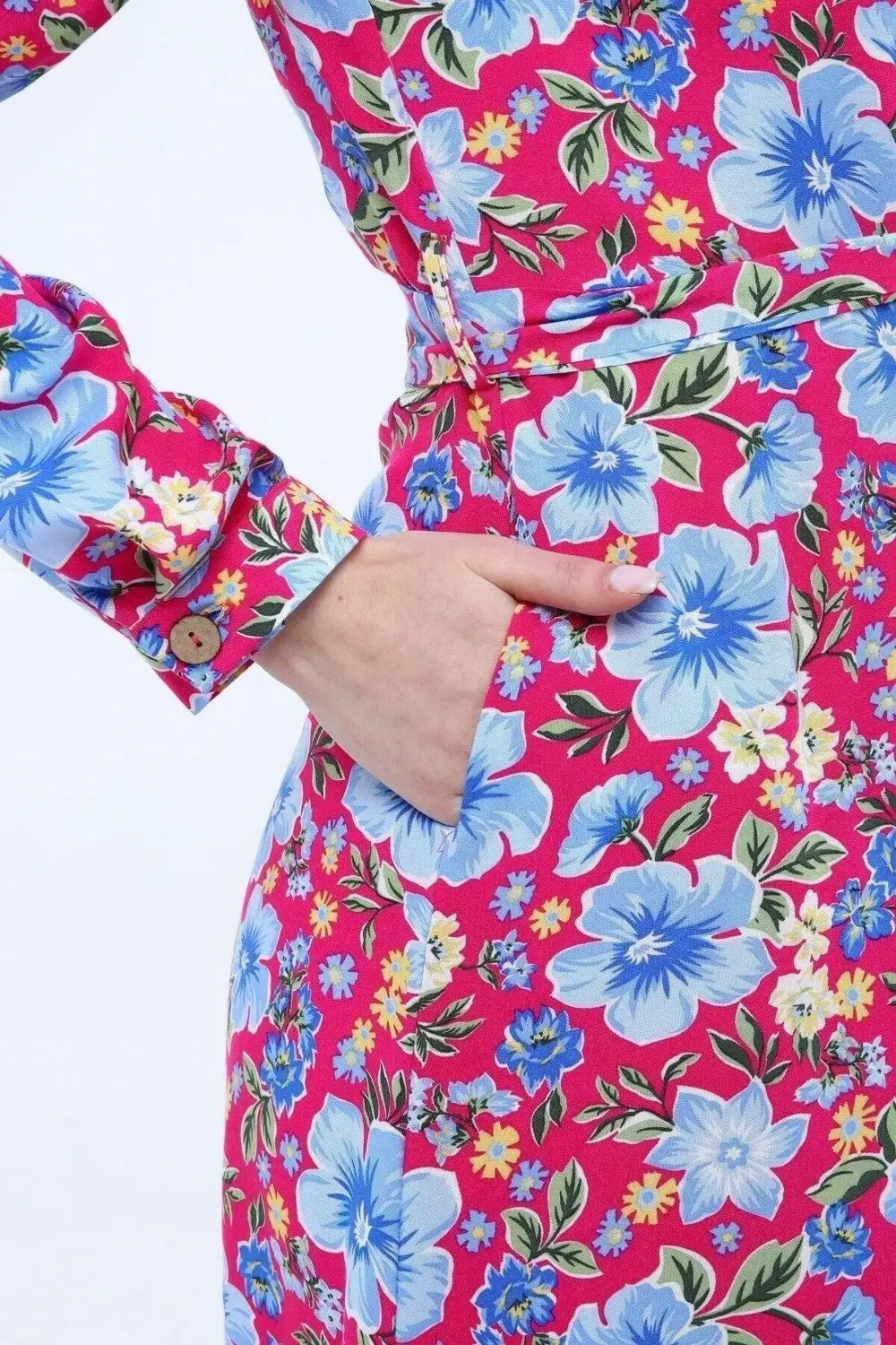 Apsen Kadın Fuşya Çiçek desenli Önden Düğmeli Viscon Elbise 4426-