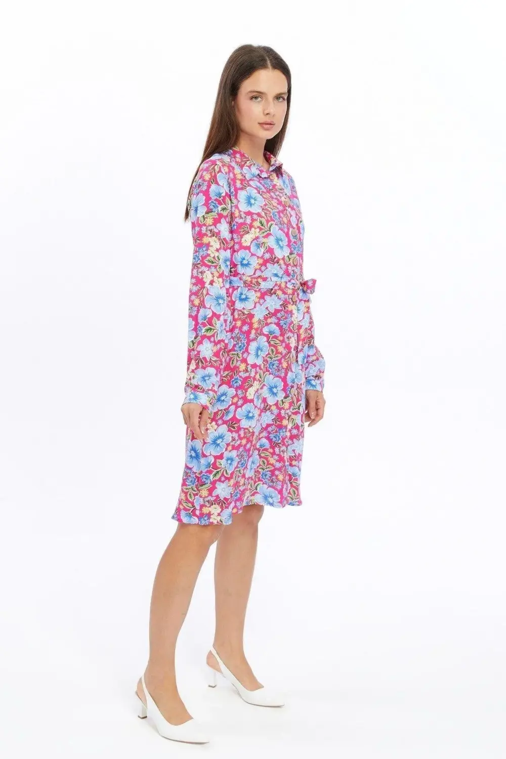 Apsen Kadın Fuşya Çiçek desenli Önden Düğmeli Viscon Elbise 4426-