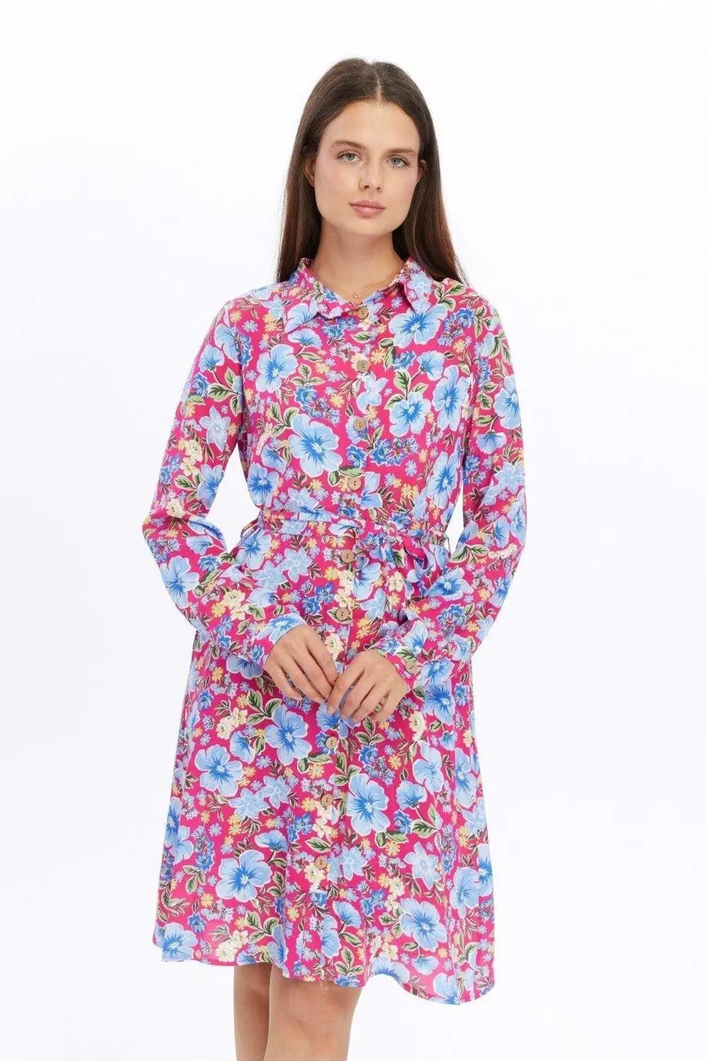 Apsen Kadın Fuşya Çiçek desenli Önden Düğmeli Viscon Elbise 4426-