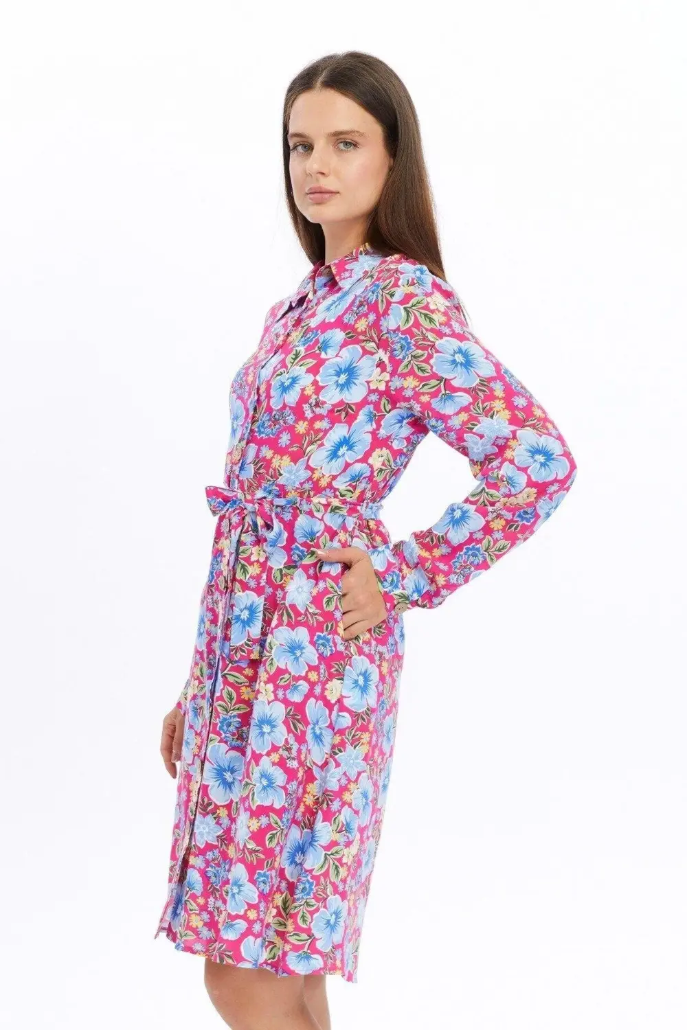 Apsen Kadın Fuşya Çiçek desenli Önden Düğmeli Viscon Elbise 4426-