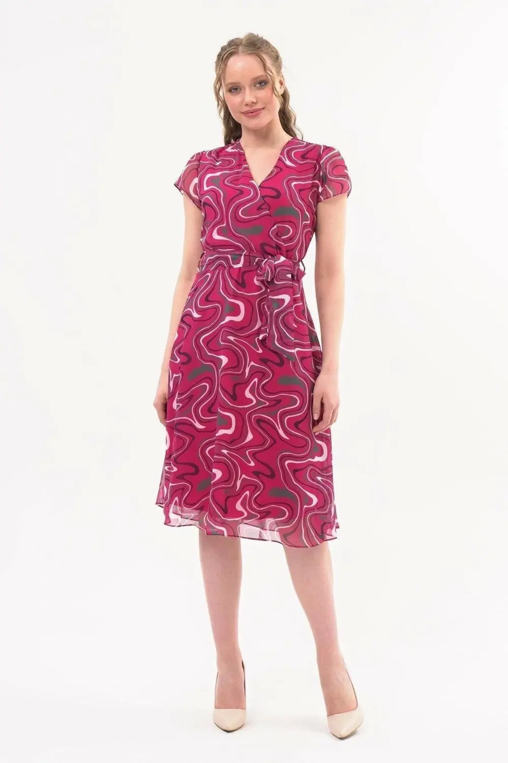 Apsen Kadın Fuşya Desen Kruvaze Yaka Midi Boy Şifon Elbise 4445-1