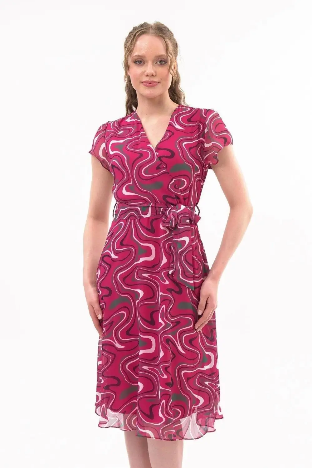 Apsen Kadın Fuşya Desen Kruvaze Yaka Midi Boy Şifon Elbise 4445-1