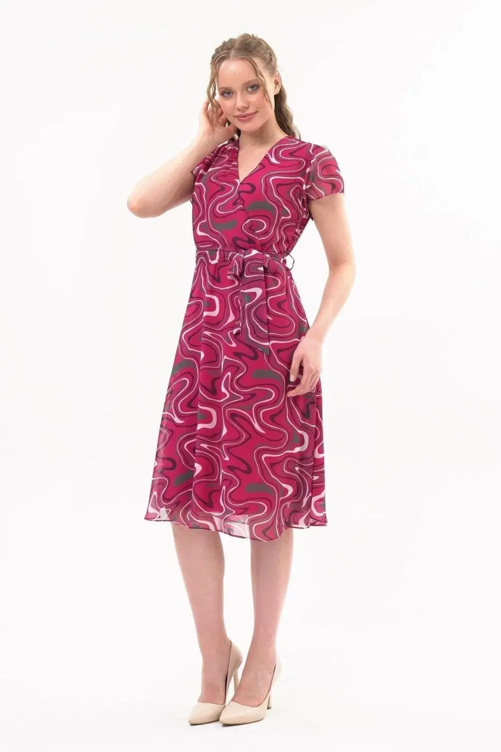 Apsen Kadın Fuşya Desen Kruvaze Yaka Midi Boy Şifon Elbise 4445-1