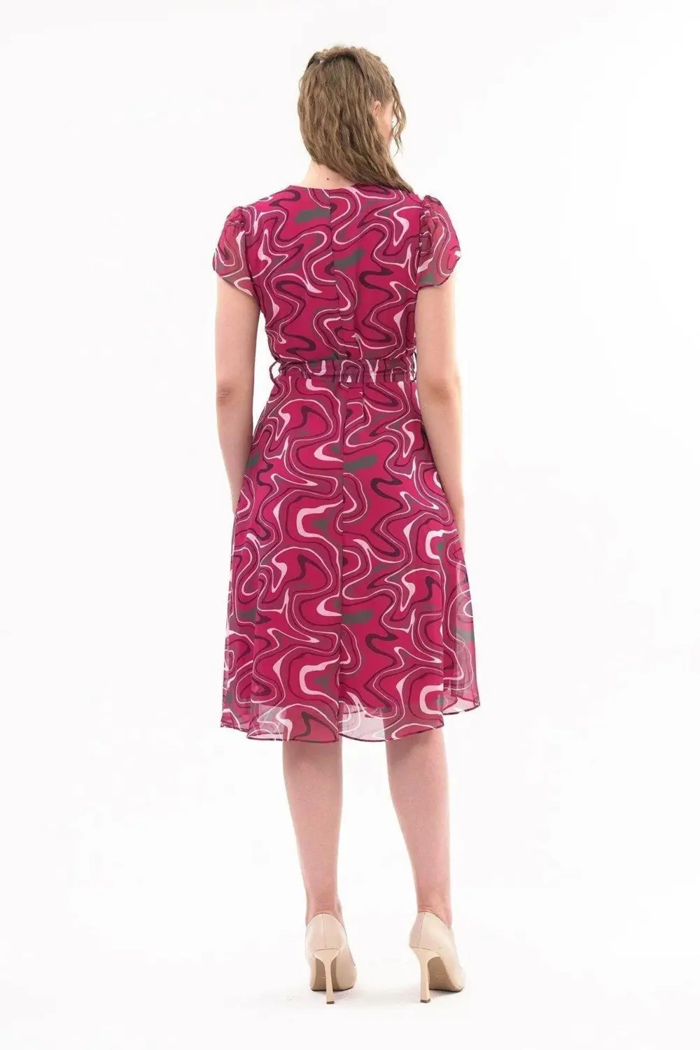 Apsen Kadın Fuşya Desen Kruvaze Yaka Midi Boy Şifon Elbise 4445-1