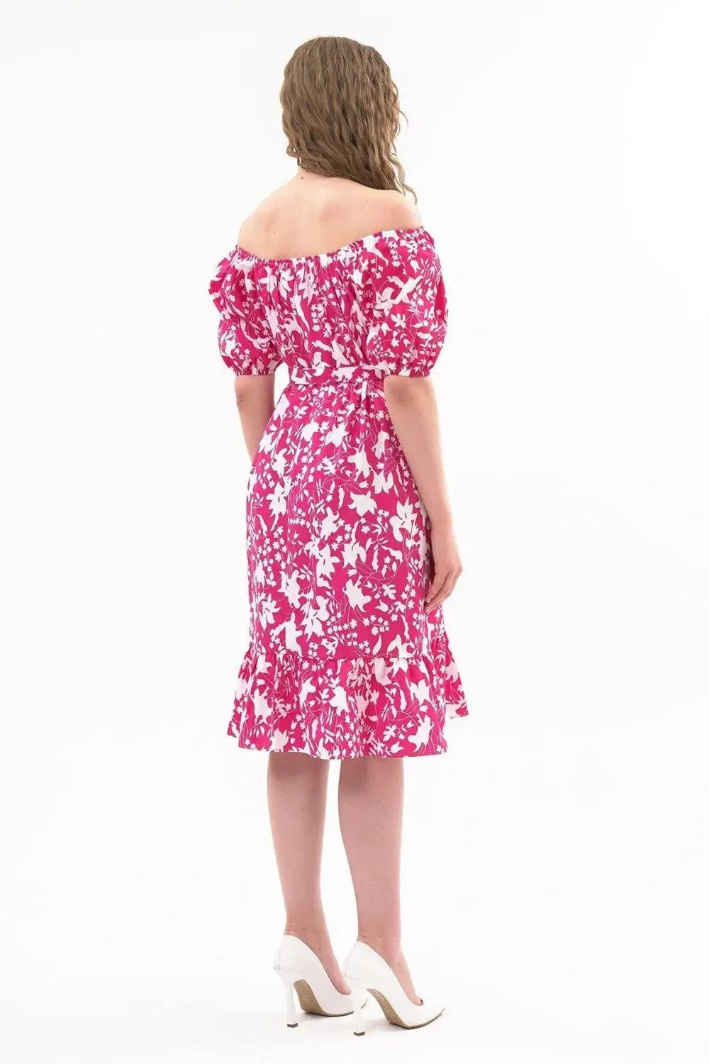 Apsen Kadın Fuşya Kayık Yaka Büzgülü Volan Detaylı Midi Yazlık El