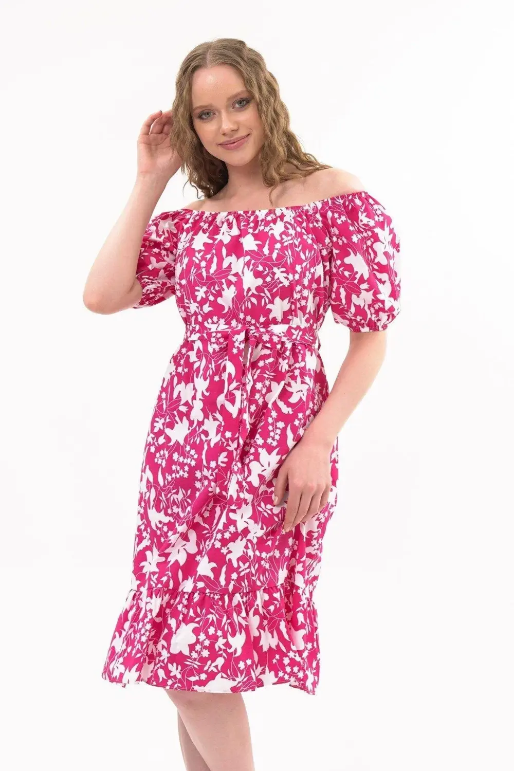 Apsen Kadın Fuşya Kayık Yaka Büzgülü Volan Detaylı Midi Yazlık El