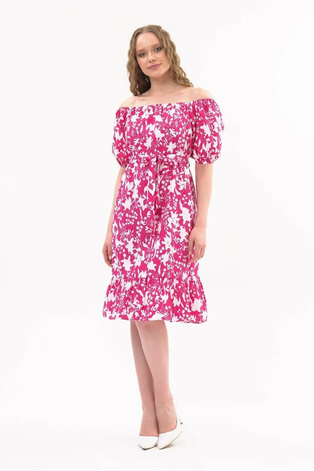 Apsen Kadın Fuşya Kayık Yaka Büzgülü Volan Detaylı Midi Yazlık El