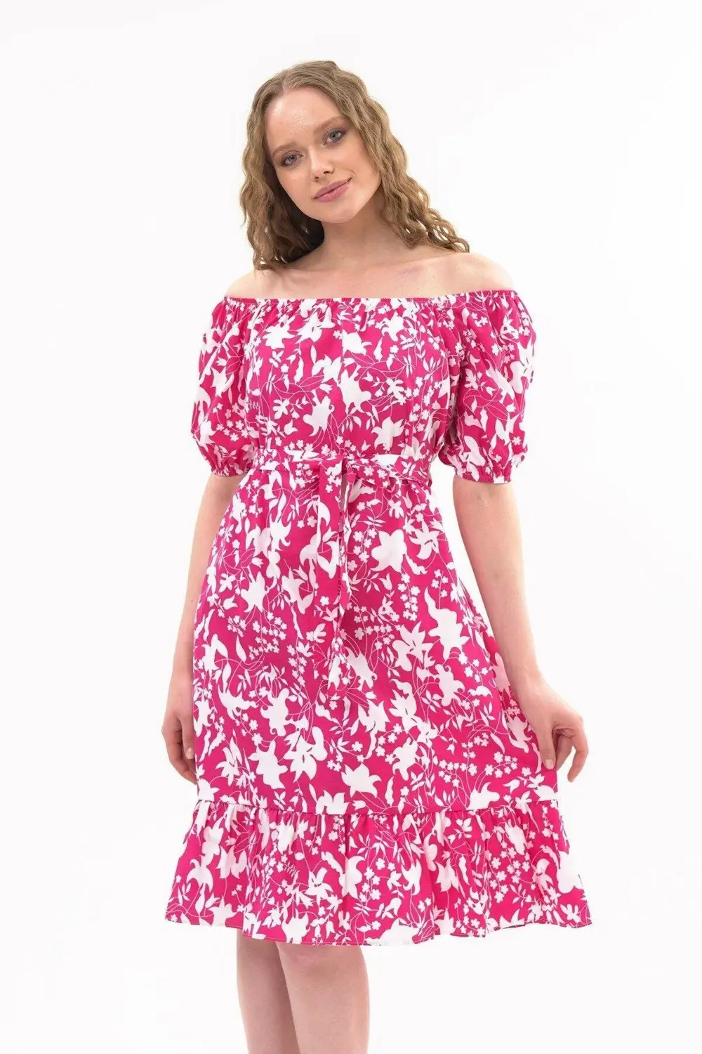 Apsen Kadın Fuşya Kayık Yaka Büzgülü Volan Detaylı Midi Yazlık El