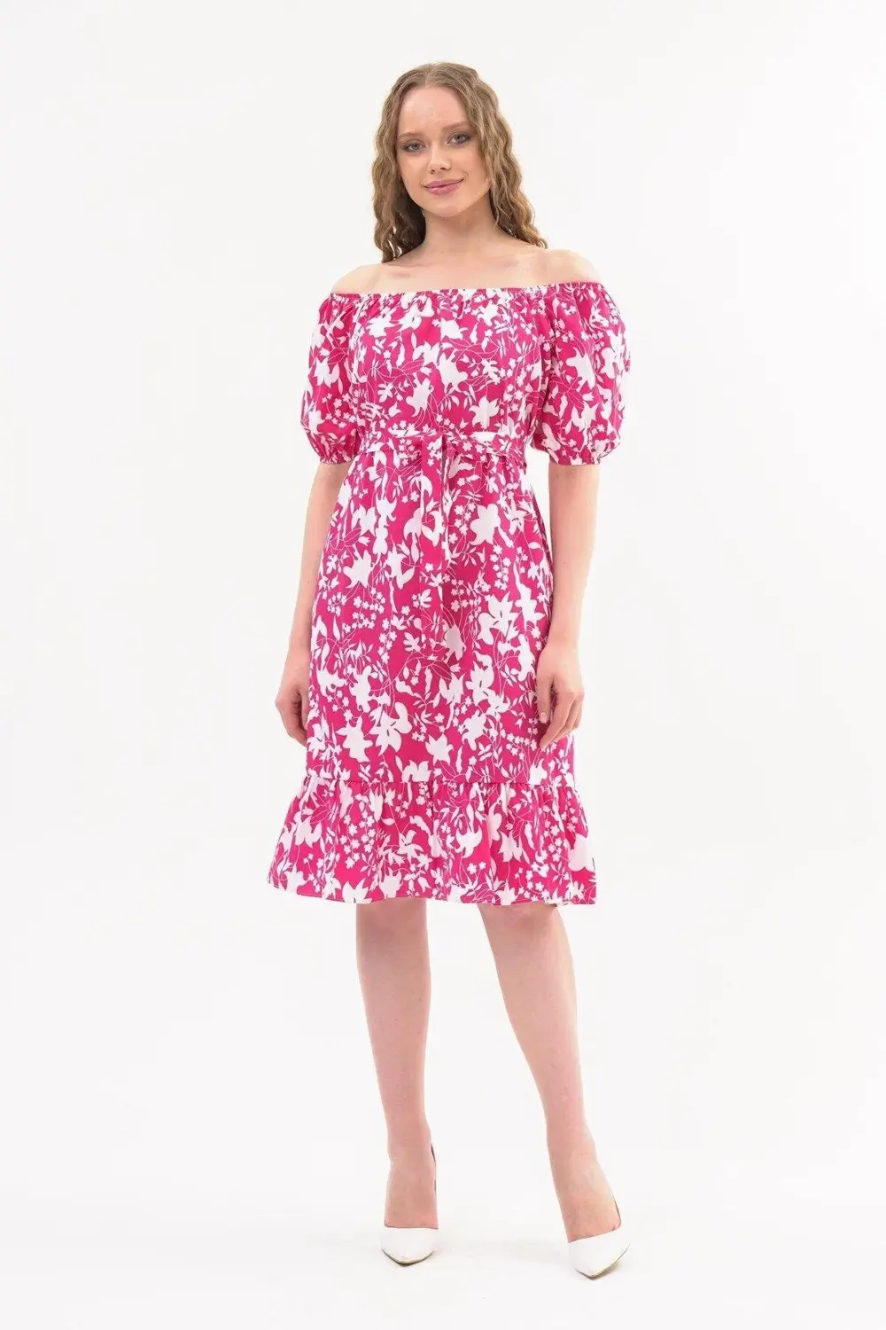 Apsen Kadın Fuşya Kayık Yaka Büzgülü Volan Detaylı Midi Yazlık El