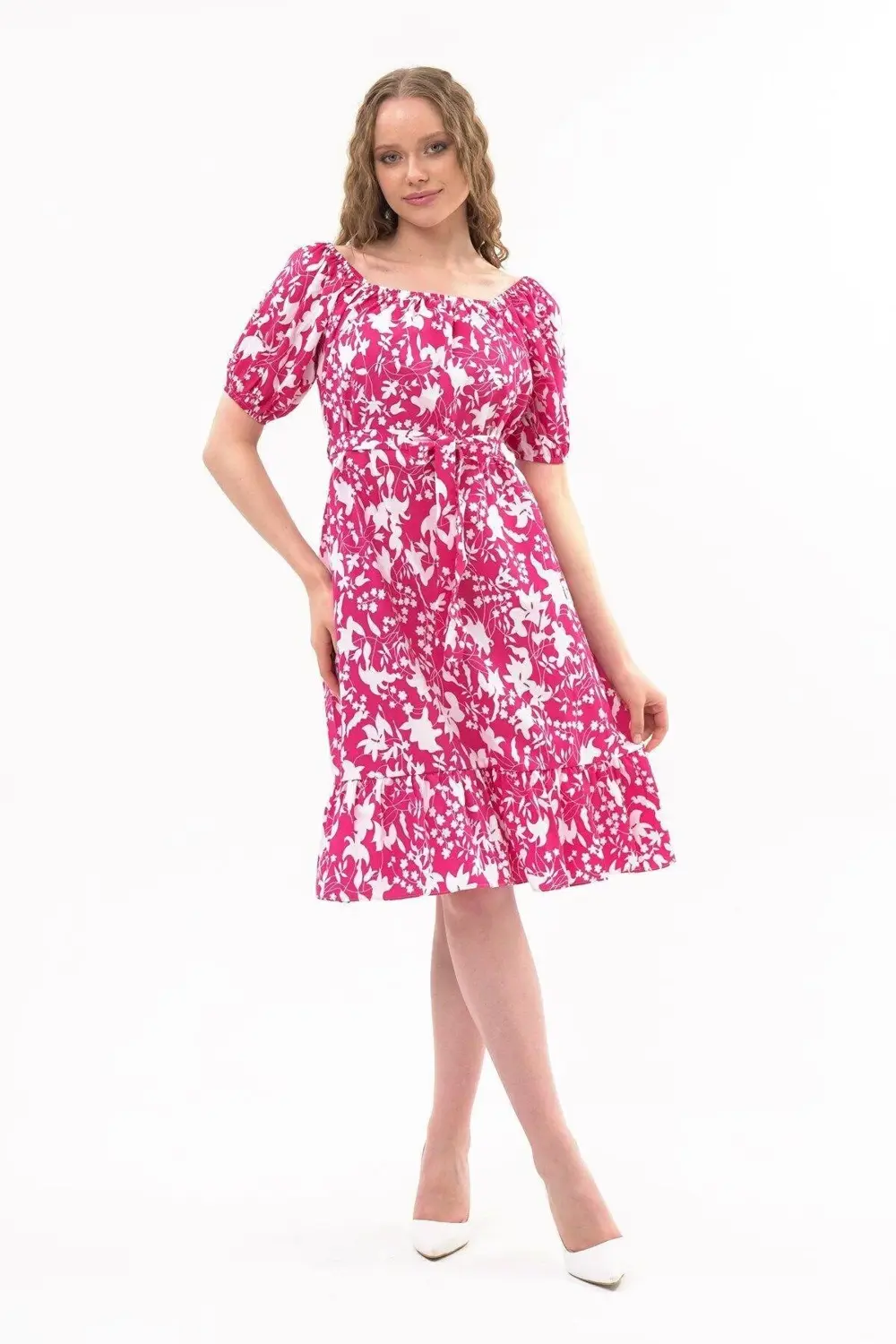 Apsen Kadın Fuşya Kayık Yaka Büzgülü Volan Detaylı Midi Yazlık El