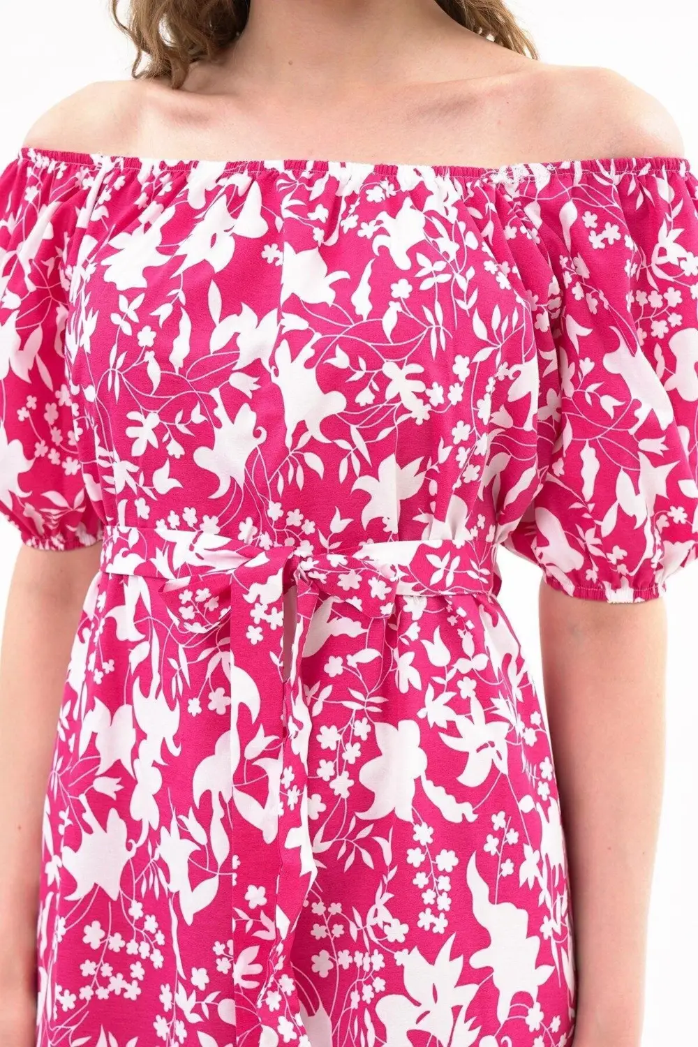 Apsen Kadın Fuşya Kayık Yaka Büzgülü Volan Detaylı Midi Yazlık El