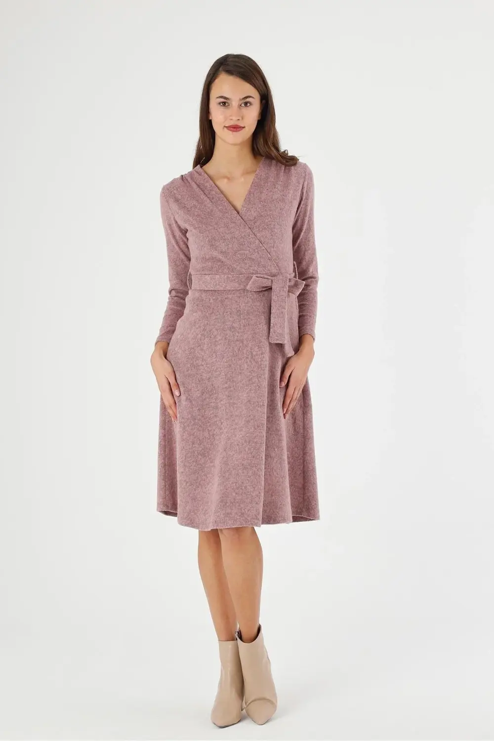 Apsen Kadın Gri Renk Kruvaze Yaka Bağlama Detaylı Midi Örme Kışlı