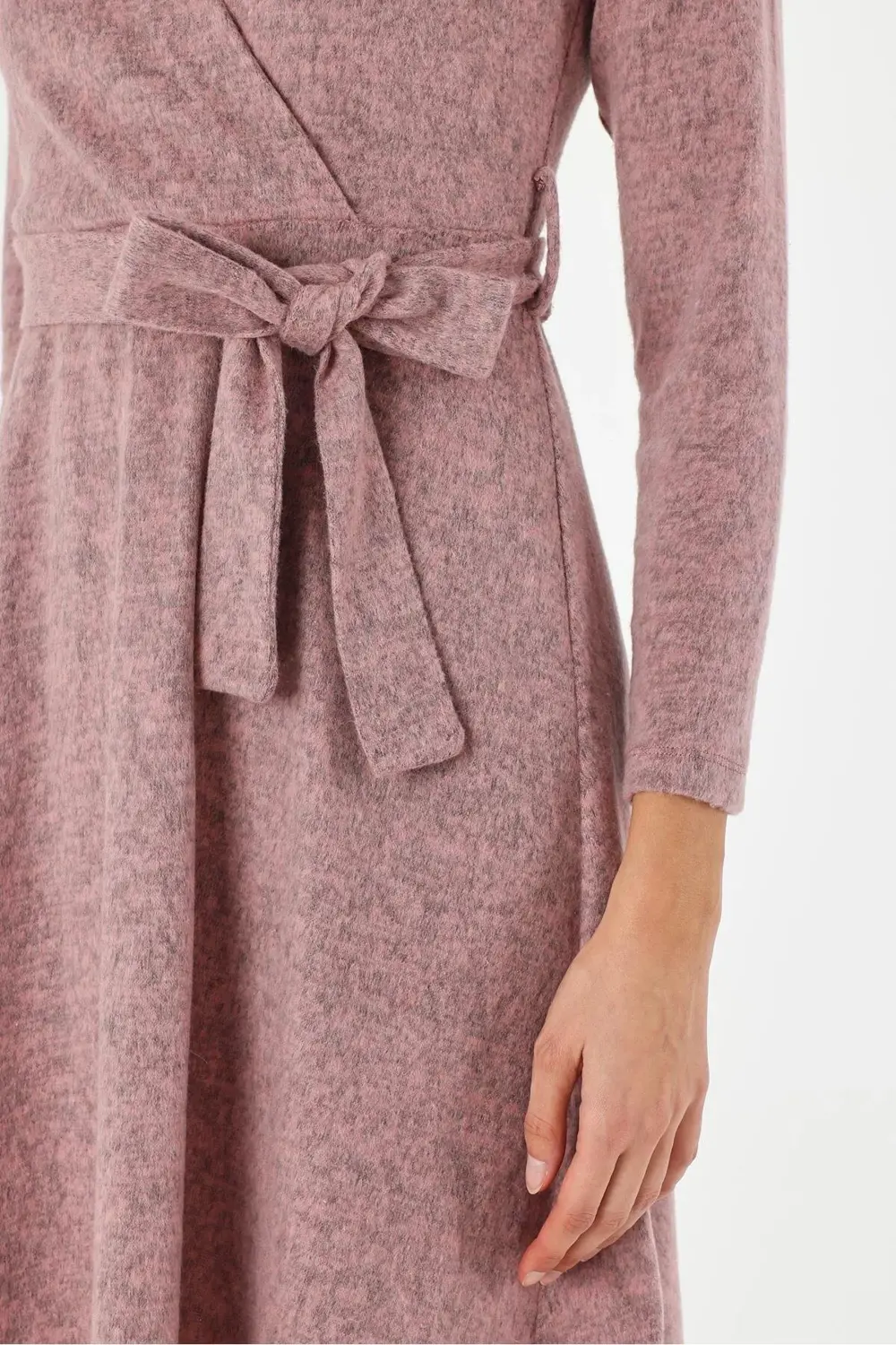 Apsen Kadın Gri Renk Kruvaze Yaka Bağlama Detaylı Midi Örme Kışlı