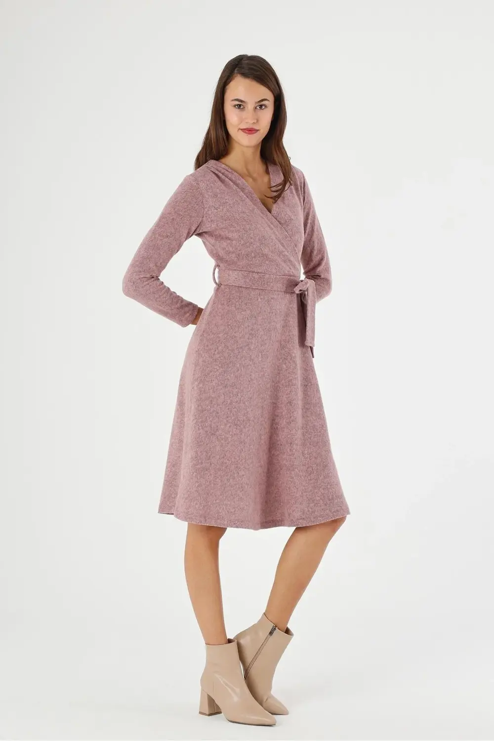 Apsen Kadın Gri Renk Kruvaze Yaka Bağlama Detaylı Midi Örme Kışlı