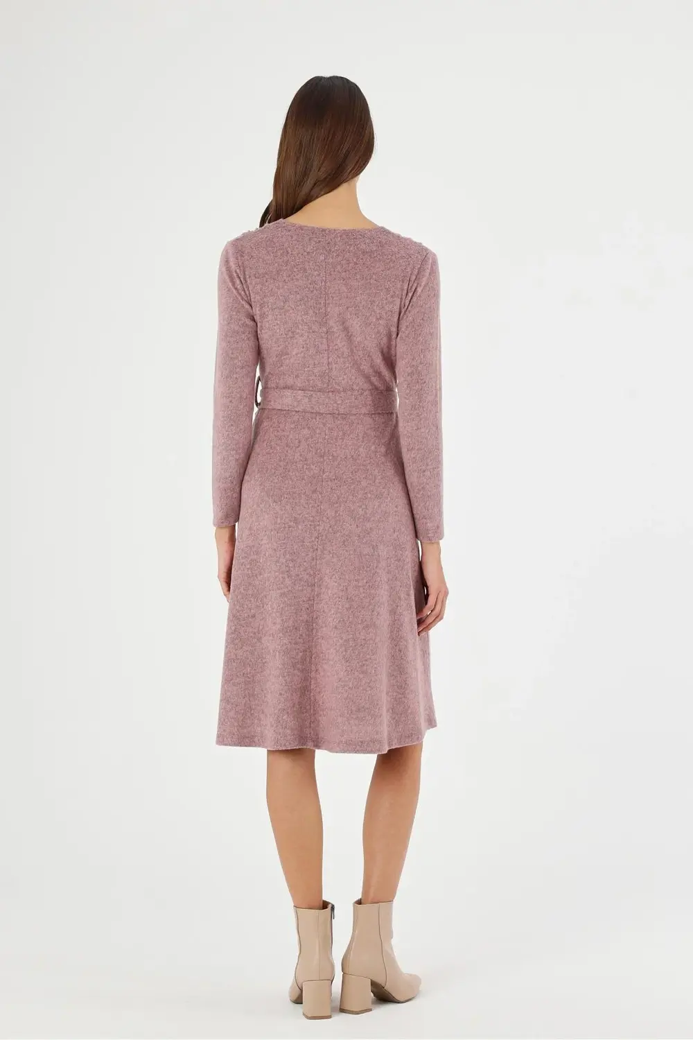 Apsen Kadın Gri Renk Kruvaze Yaka Bağlama Detaylı Midi Örme Kışlı