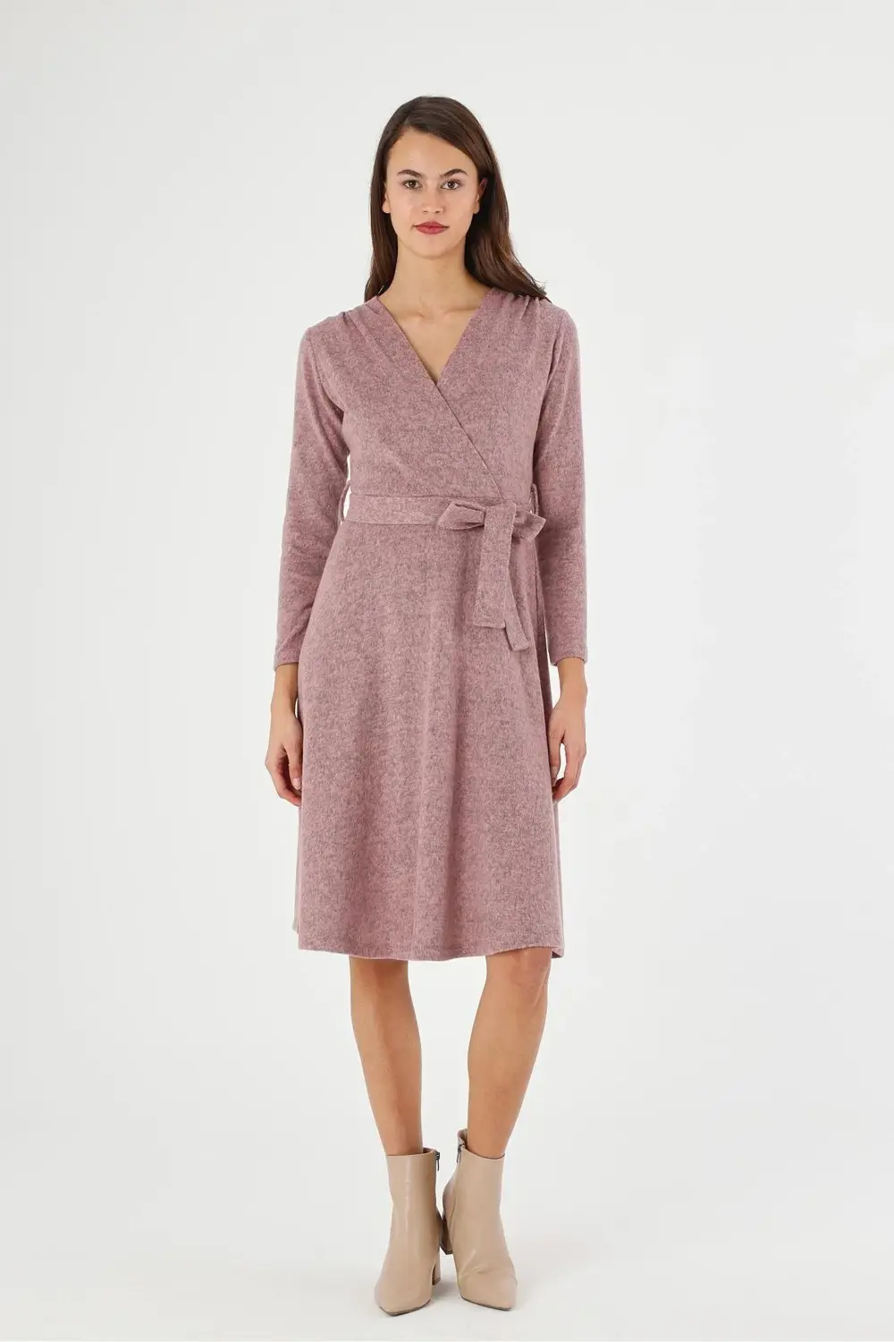 Apsen Kadın Gri Renk Kruvaze Yaka Bağlama Detaylı Midi Örme Kışlı