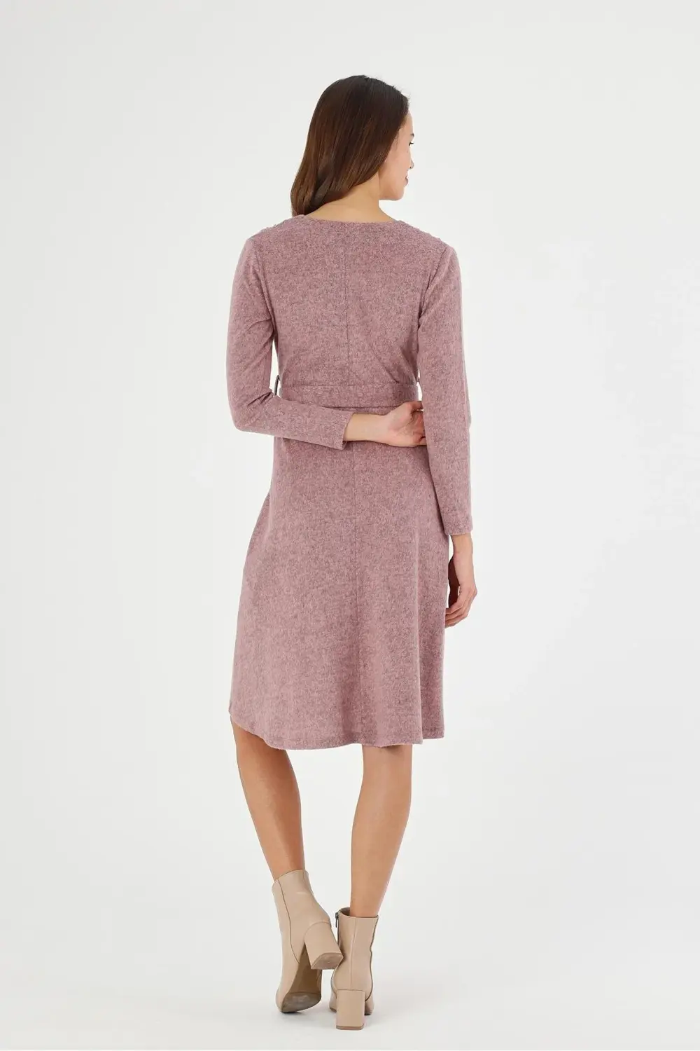 Apsen Kadın Gri Renk Kruvaze Yaka Bağlama Detaylı Midi Örme Kışlı