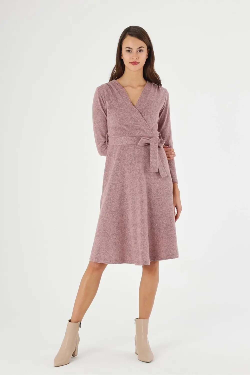 Apsen Kadın Gri Renk Kruvaze Yaka Bağlama Detaylı Midi Örme Kışlı