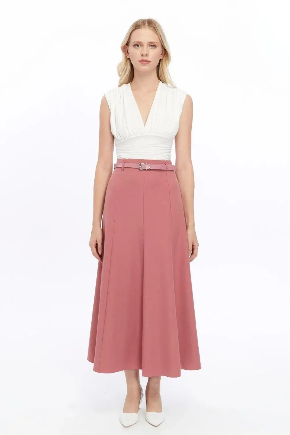 Apsen Kadın Gül Kurusu Mevsimlik Kemer Detaylı Parçalı Kloş Uzun