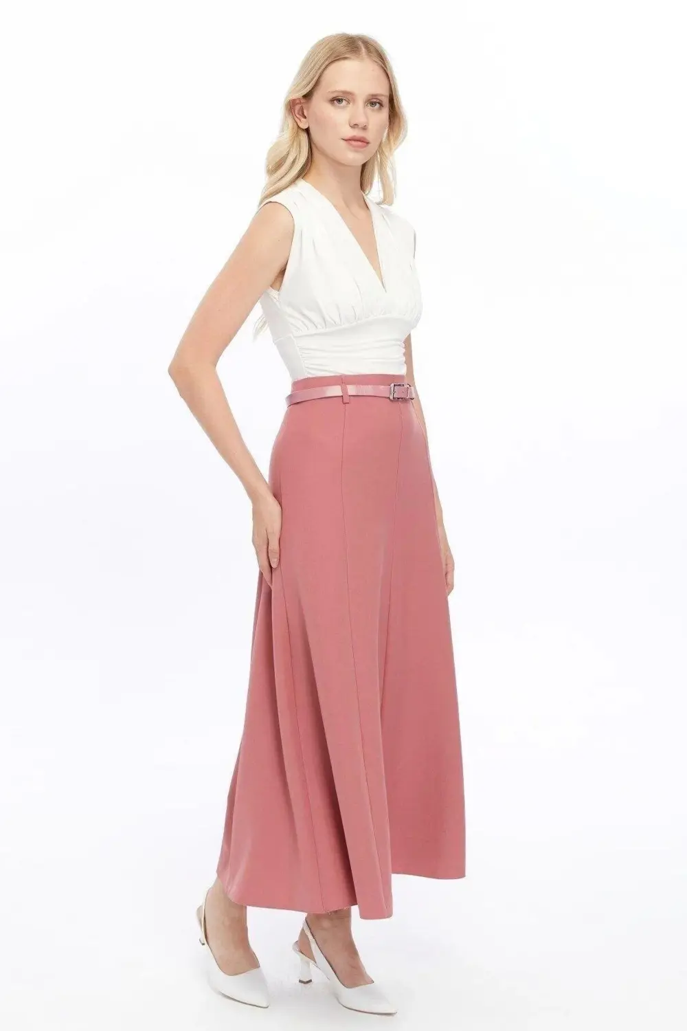 Apsen Kadın Gül Kurusu Mevsimlik Kemer Detaylı Parçalı Kloş Uzun