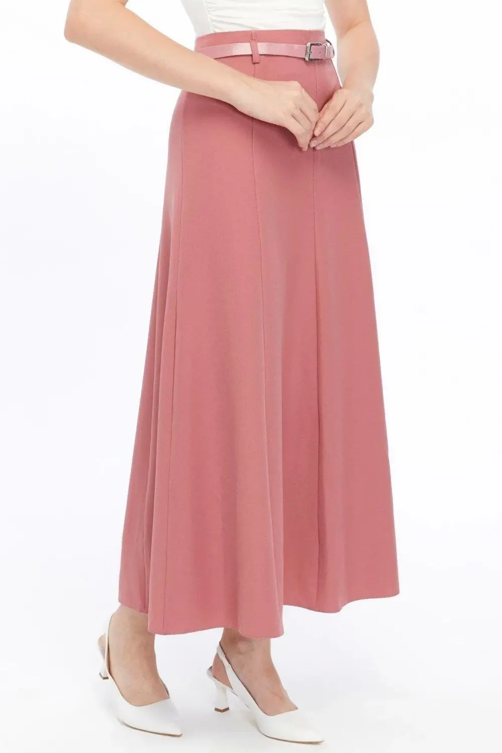 Apsen Kadın Gül Kurusu Mevsimlik Kemer Detaylı Parçalı Kloş Uzun