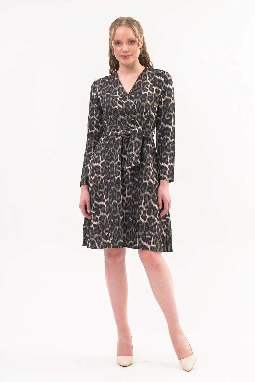 Apsen Kadın Haki Kruvaze Bağlama Detaylı Leopar Desenli Mevsimlik