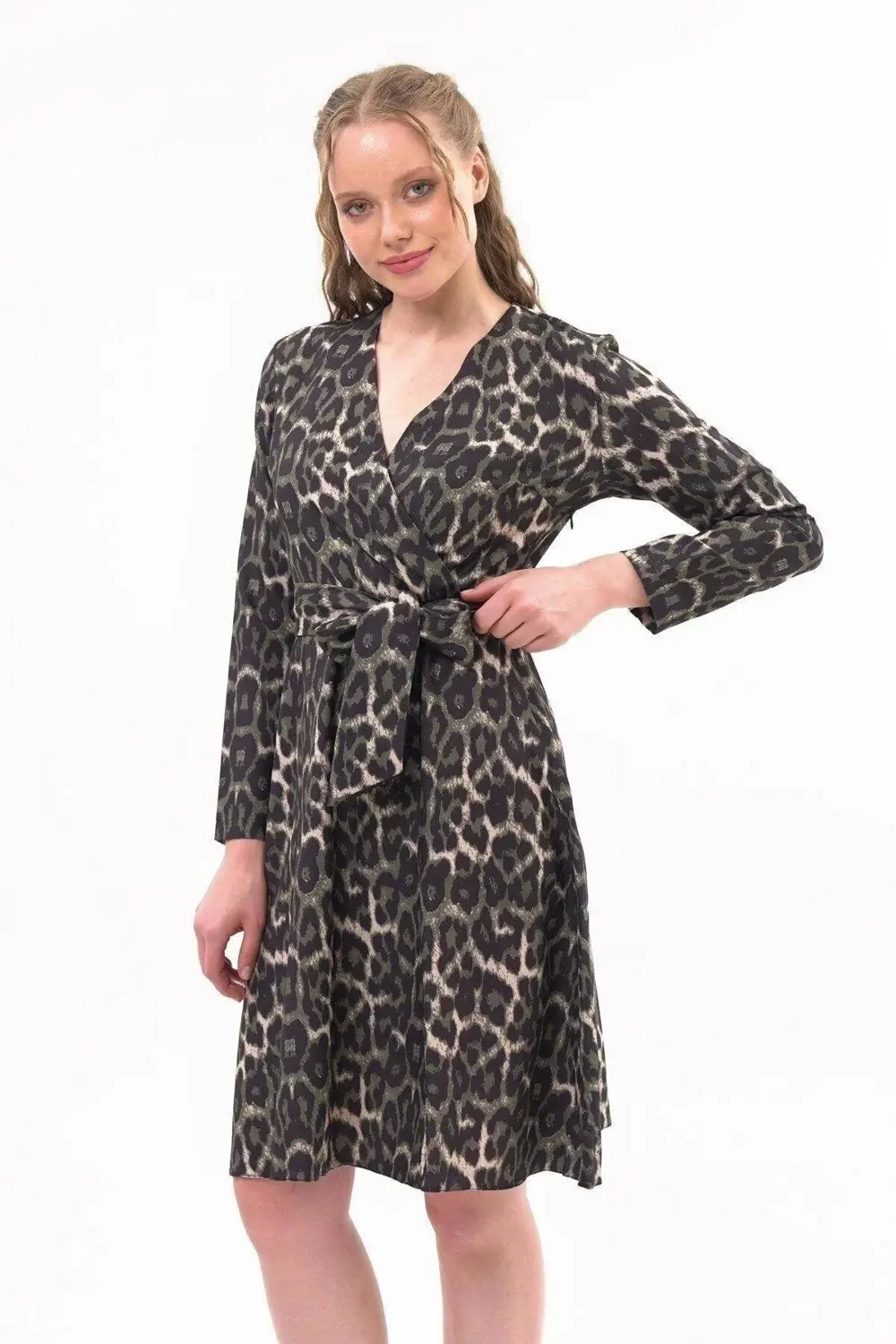 Apsen Kadın Haki Kruvaze Bağlama Detaylı Leopar Desenli Mevsimlik